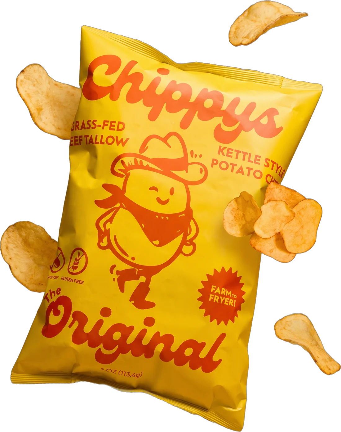 A bag of Chippys The Original with golden kettle chips flying around it