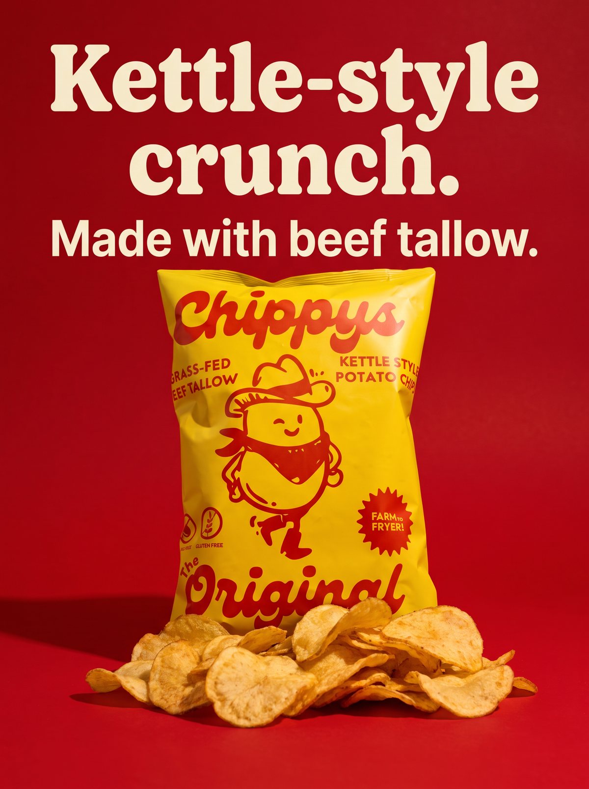 Chippys bag with a pile of kettle chips and the line Kettle-style crunch. Made with beef tallow.