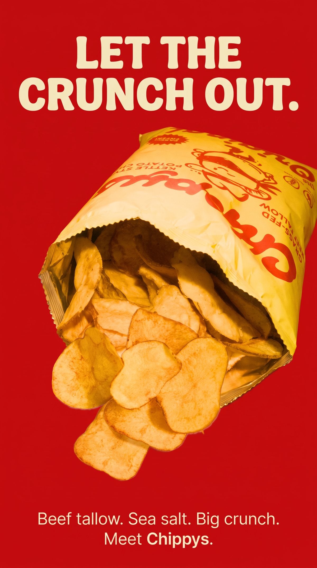 An open Chippys bag pouring out kettle chips under the headline Let the crunch out
