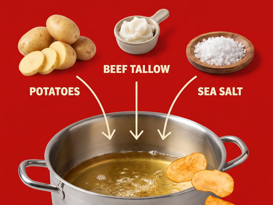 Potatoes, beef tallow and sea salt going into a pot of hot tallow