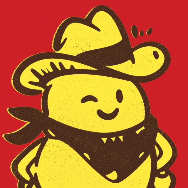 Spudrick, the Chippys potato cowboy, winking in a four-panel pop-art print